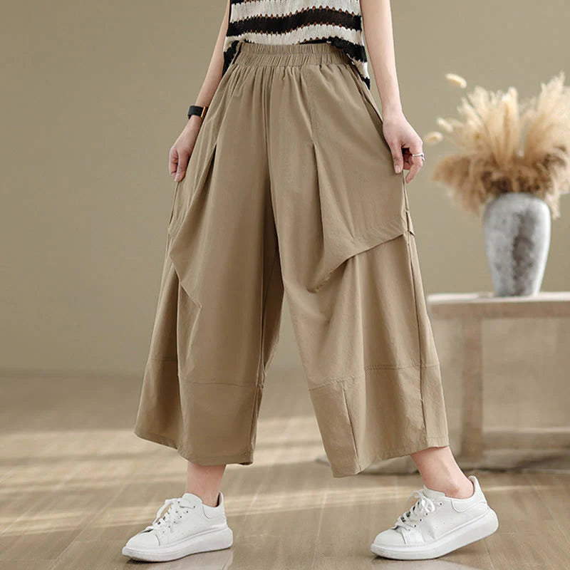 Buddha Stones Summer Irregular Pleating Design Cotton Women's Wide Leg Pants With Pockets