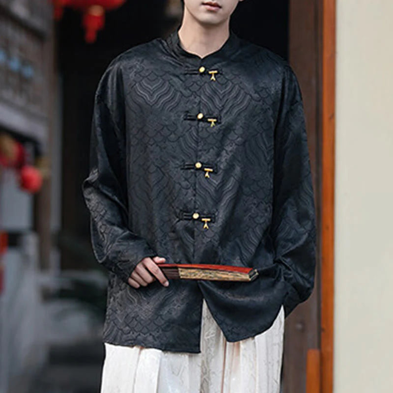 Buddha Stones Chinese Frog-Button Bamboo Shape Design Stand Collar Men's Long Sleeve Shirt