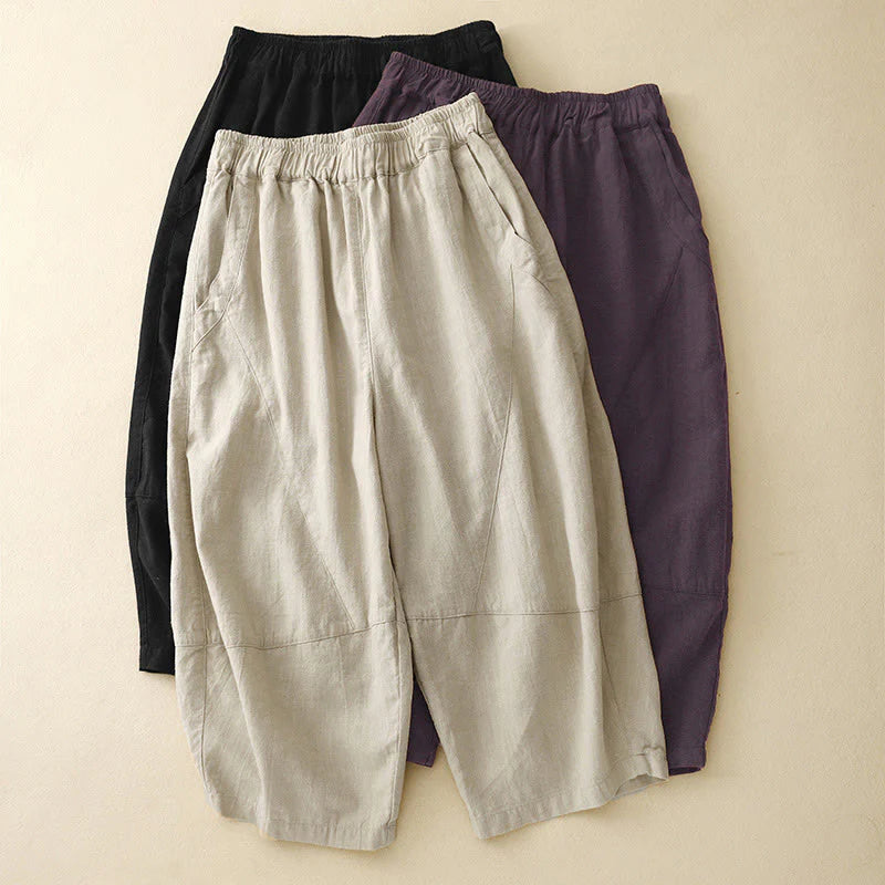 Buddha Stones Commute Casual Pure Color Women's Wide Leg Cotton Cropped Pants With Pockets