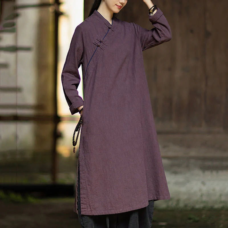 Buddha Stones Solid Frog-Button Long Sleeve Ramie Linen Midi Dress Cheongsam With Pockets