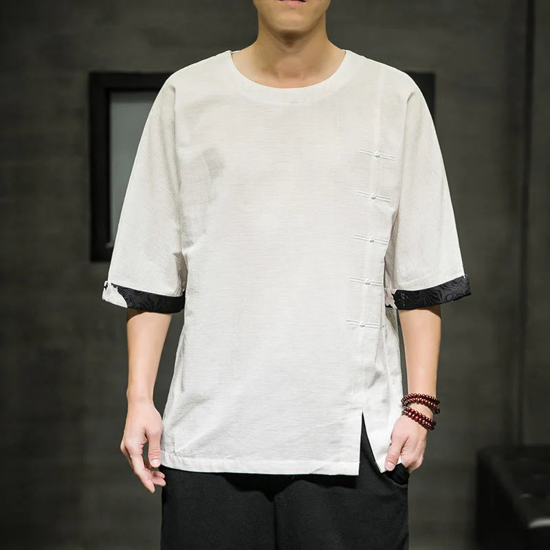 Buddha Stones Summer Retro Solid Color Patchwork Design Men's Three Quarter Sleeve Cotton Linen T-Shirt