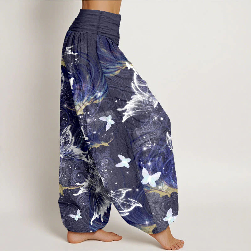 Buddha Stones Pure Cotton Dreamlike Butterfly Line Pattern Women's Elastic Waist Harem Pants