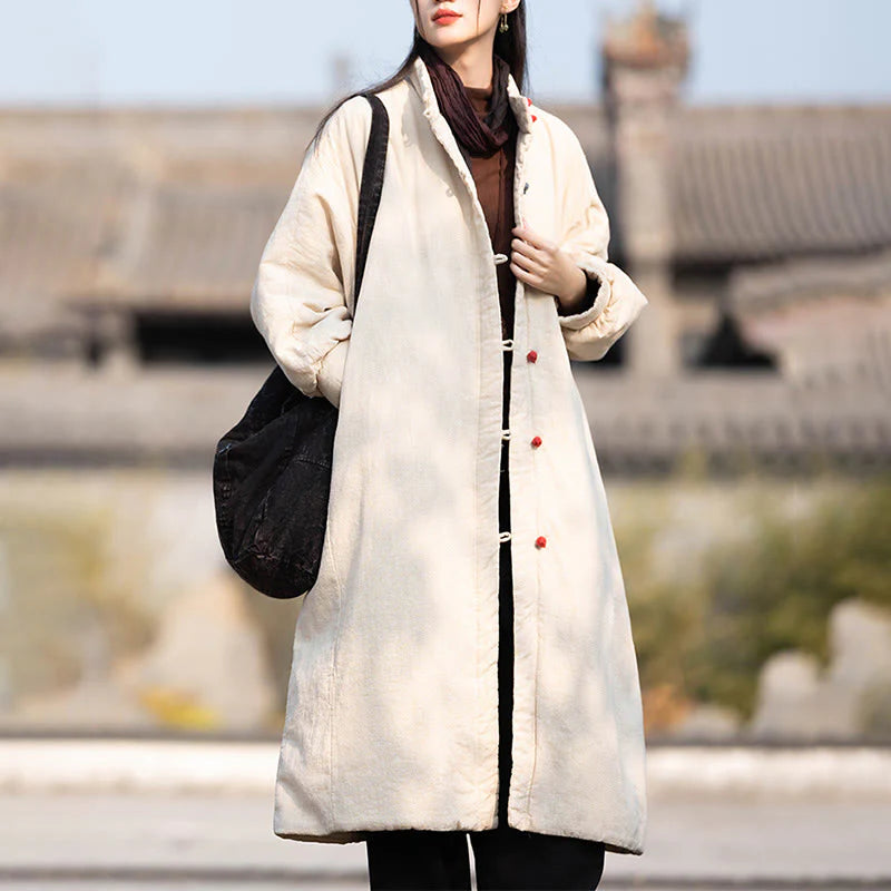 Buddha Stones Winter Solid Frog-Button Ramie Cotton Women's Long Sleeve Thermal Coat With Pockets