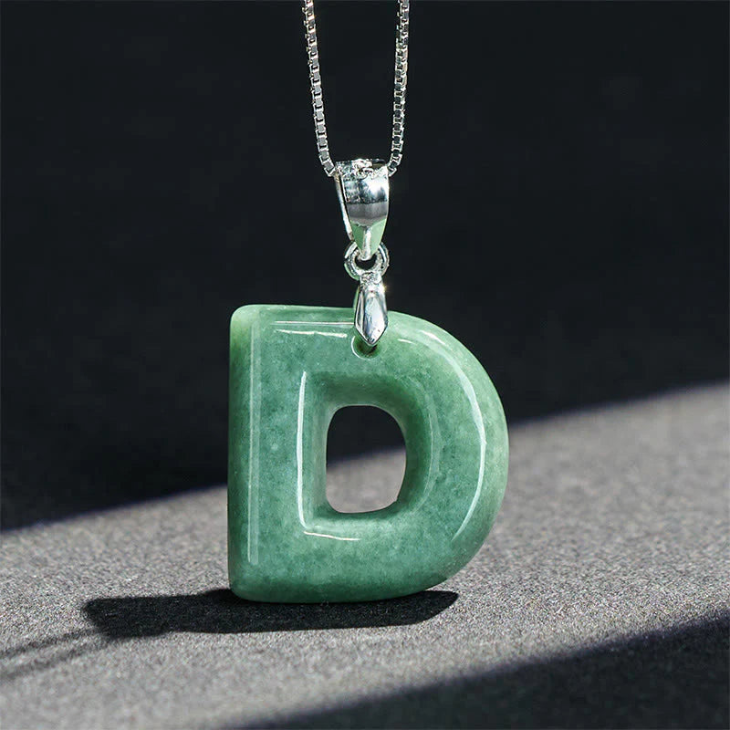 Buddha Stones Natural A-Z Letter Jade 925 Sterling Silver Silm Chain Prosperity Necklace Pendant
