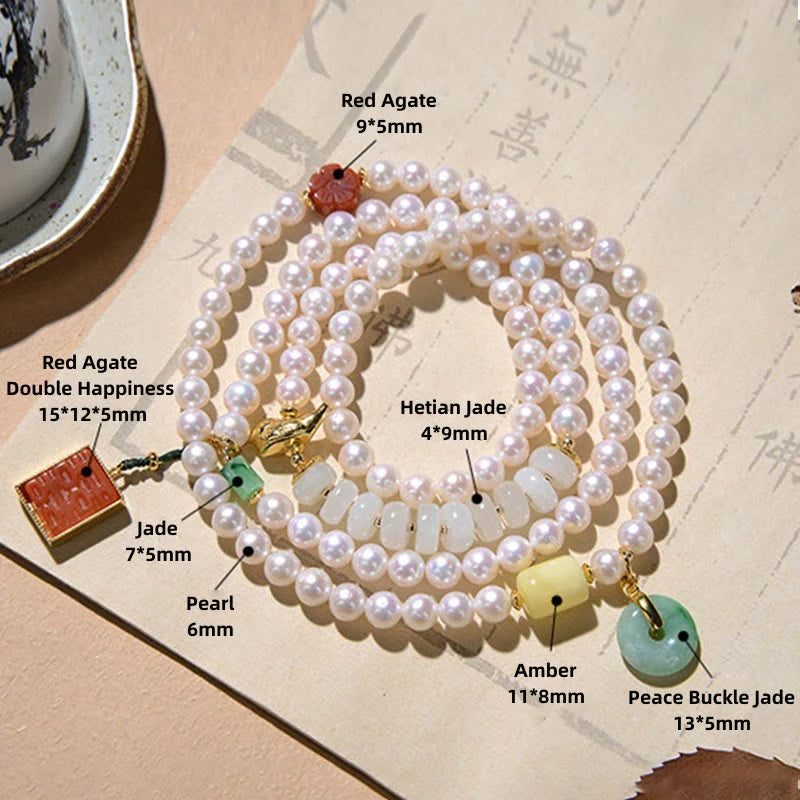 Buddha Stones 925 Sterling Silver Pearl Hetian Jade Red Agate Double Happiness Amber Luck Quadruple Wrap Bracelet (Extra 30% Off | USE CODE: FS30)
