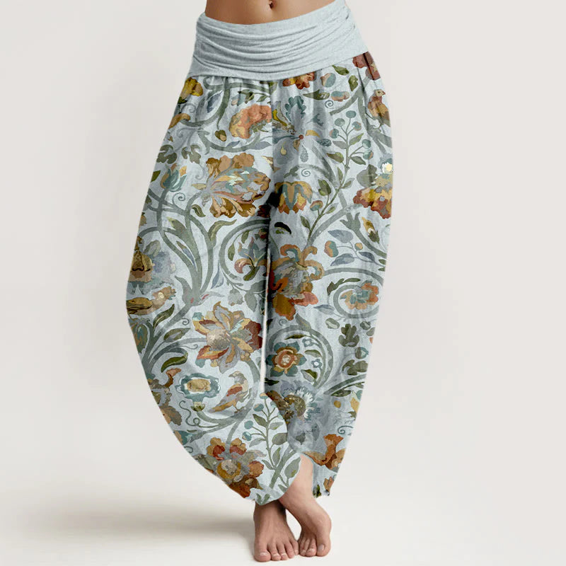 Buddha Stones Cotton Retro Flowers Vines Bird Pattern Women's Elastic Waist Harem Pants