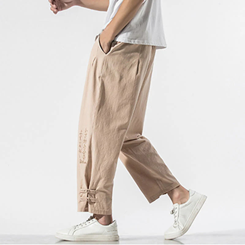 Buddha Stones Summer Chinese Characters Embroidery Men's Cotton Linen Pants With Pockets
