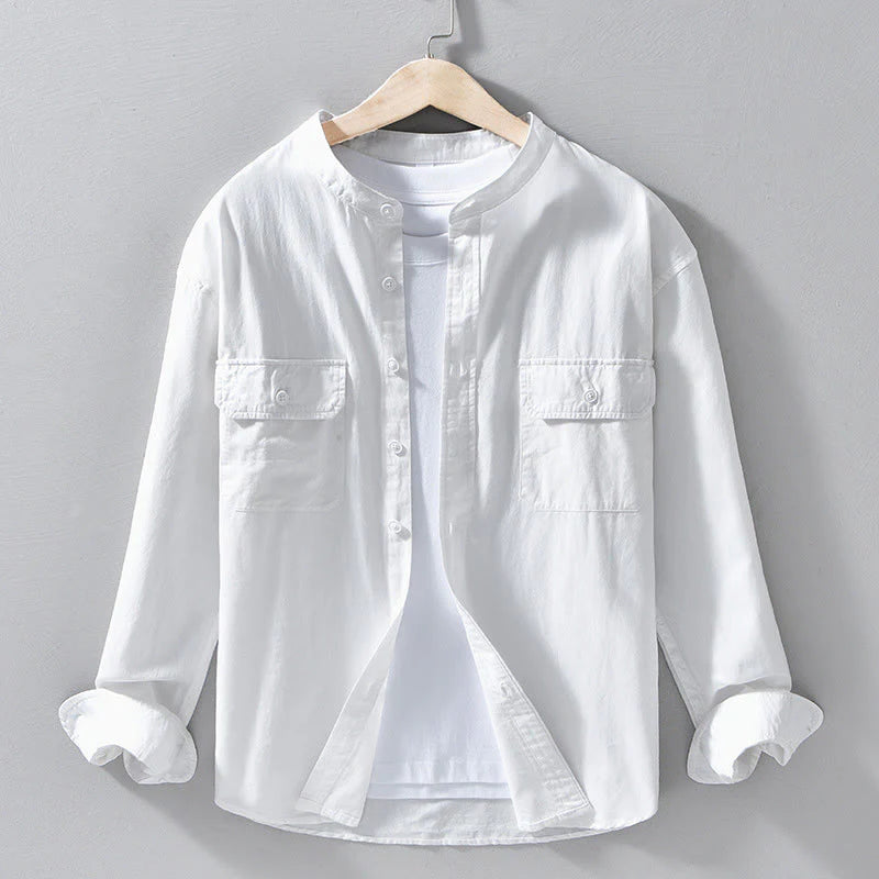 Buddha Stones Crew Neck Solid Color Men's Long Sleeve Cotton Thickened Jacket With Pockets
