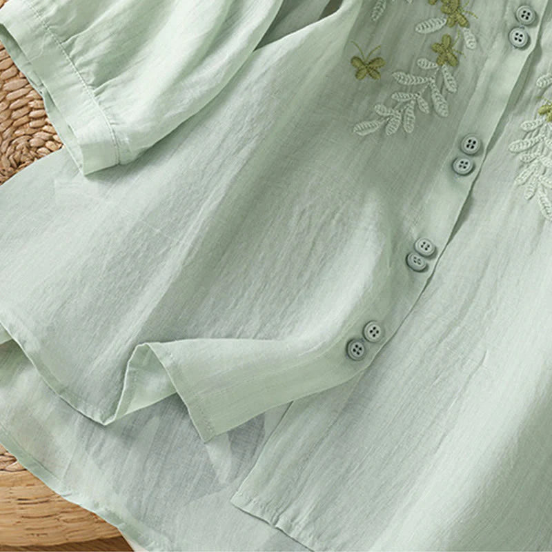 Buddha Stones Casual Plant Embroidery Stand Collar Women's Cotton Blend Three Quarter Sleeve Shirt
