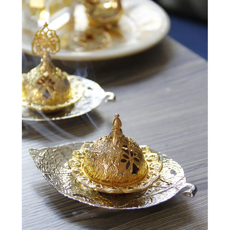 Buddha Stones Tibetan Gold Mini Leaf Coaster Meditation Incense Burner