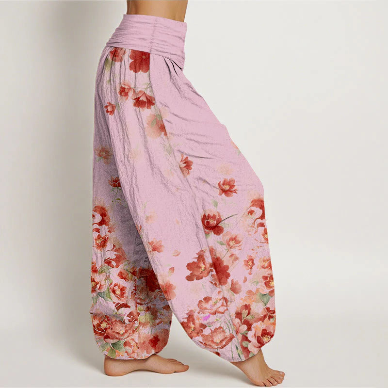 Buddha Stones Cotton Camellia Peony Blossom Pattern Women's Elastic Waist Harem Pants