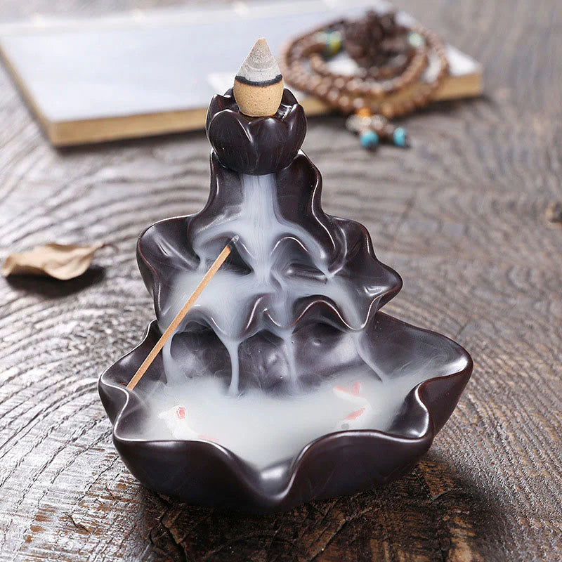 Buddha Stones Lotus Leaf Koi Fish Ceramic Backflow Smoke Fountain Peace Incense Burner Decoration