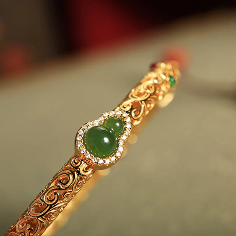 FREE Today: Healing and Harmony Cyan Jade Copper Plated Gold Auspicious Clouds Gourd Bracelet Bangle