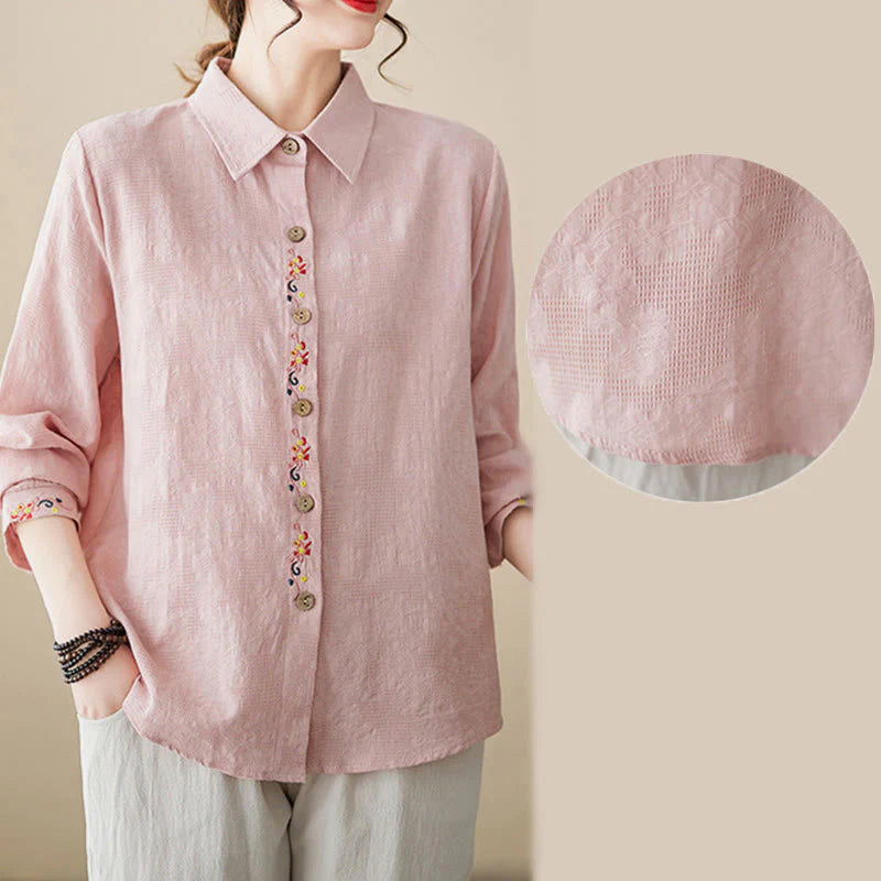 Buddha Stones Spring Plain Embroidered Flower Pattern Button Women's Long Sleeve Cotton Lapel Shirt