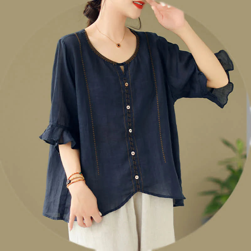 Buddha Stones Embroidery Buttons Crew Neck Flared Short Sleeve Women's Shirt