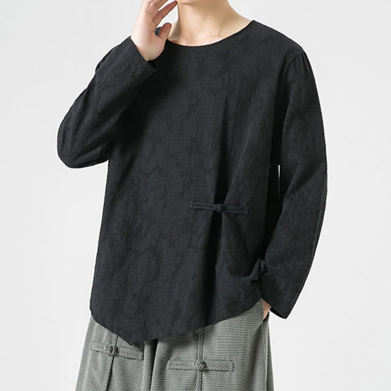 Buddha Stones Men's Chinese Frog-Button Plain Design Cotton Long Sleeve T-Shirt Zen Clothing