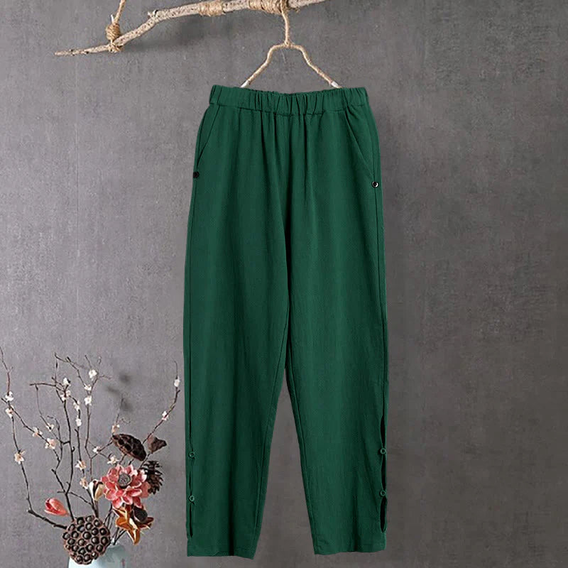 Buddha Stones Casual Pure Color Hollow Button Cuff Design Women's Cotton Linen Pants With Pockets