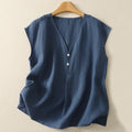 Buddha Stones Retro V-Neck Button Design Women's Cotton Sleeveless Vest