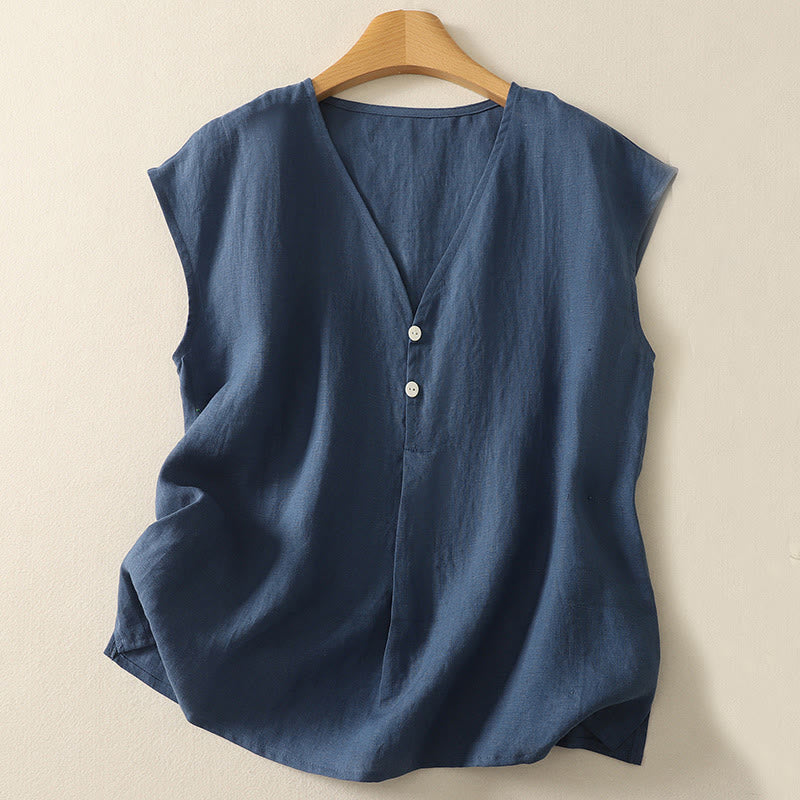 Buddha Stones Retro V-Neck Button Design Women's Cotton Sleeveless Vest
