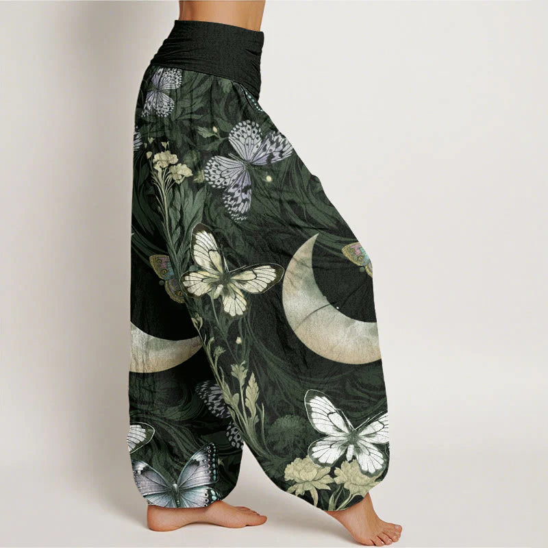 Buddha Stones Cotton Butterfly Flowers Crescent Moon Pattern Design Women's Elastic Waist Harem Pants