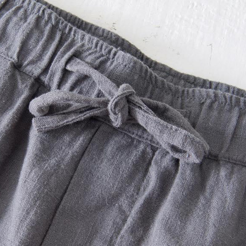 Buddha Stones Summer Solid Color Drawstring Elastic Waist Men's Cotton Linen Shorts With Pockets
