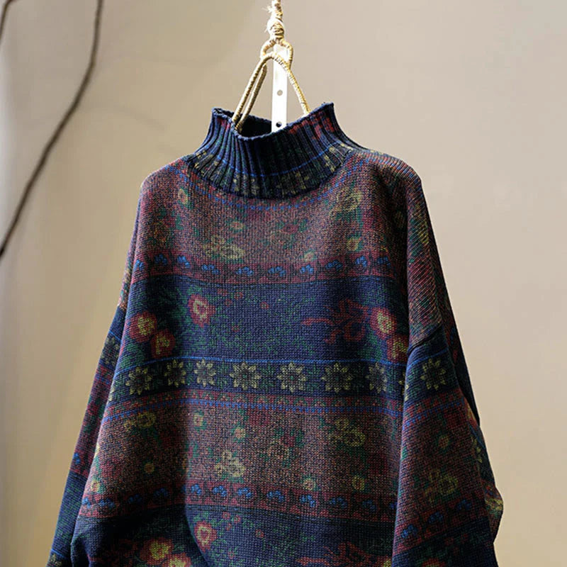Buddha Stones Winter Color-block Flower Pattern Mock Neck Long Sleeve Women's Cotton Sweater