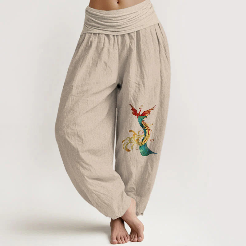 Buddha Stones Women's Pure Cotton Colored Phoenix Pattern Elastic Waist Harem Pants