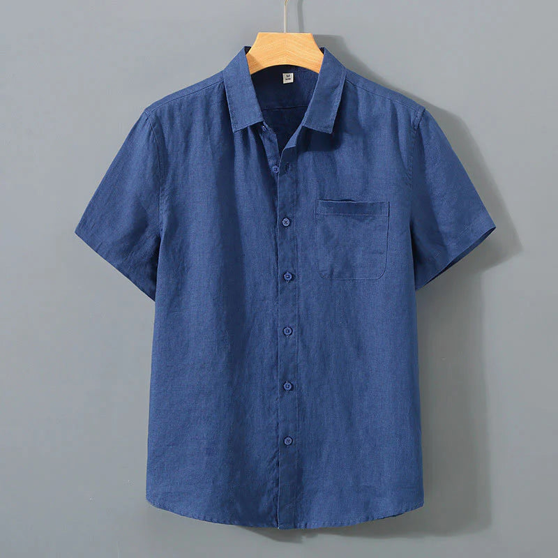 Buddha Stones Summer Casual Pure Color Button Cotton Men's Short Sleeve Shirt WIth Pocket