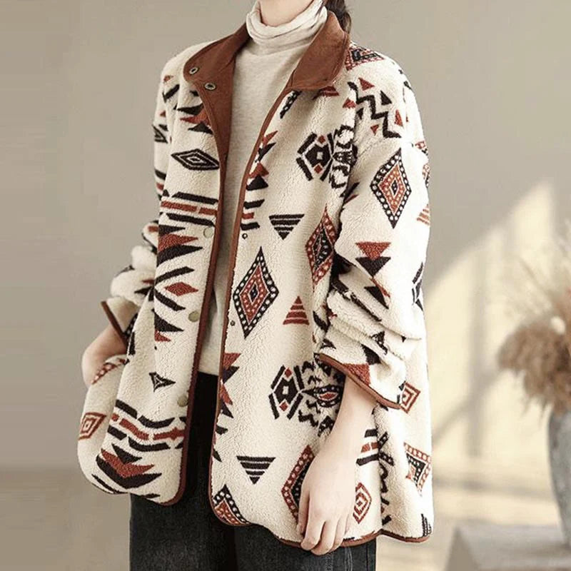 Buddha Stones Fall Winter Buttons Geometric Patterns Long Sleeve Cotton Women's Jacket