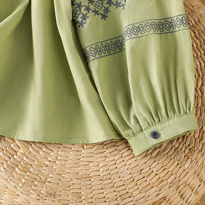 Buddha Stones Embroidery Pleated Buttons Long Lantern Sleeve Women's Cotton Shirt