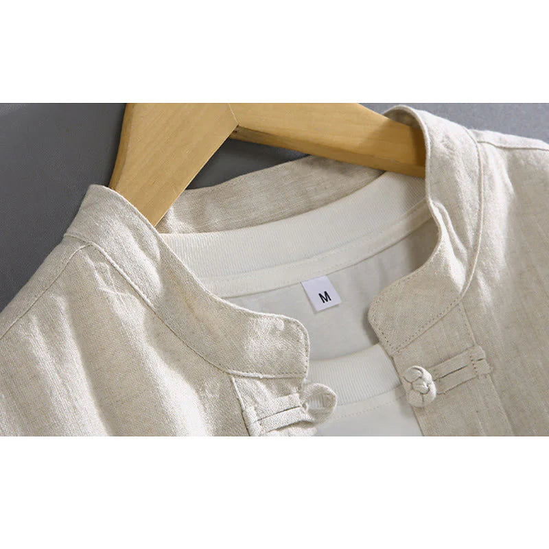 Buddha Stones Vintage Plain Tang Suit Chinese Frog-Button Men's Shirt With Pockets