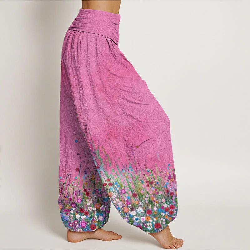 Buddha Stones Cotton Casual Colorful Wildflower Field Pattern Women's Elastic Waist Harem Pants