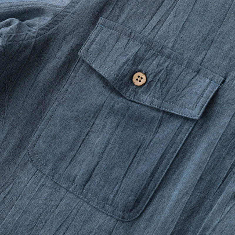 Buddha Stones Summer Solid Pleated Design Men's Half Button Short Sleeve Cotton Ramie Shirt