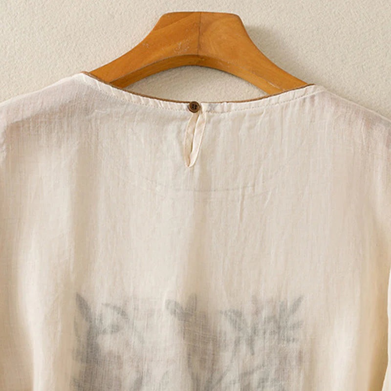 Buddha Stones Retro Embroidery Floral Three Quarter Sleeve Women's Cotton T-Shirt