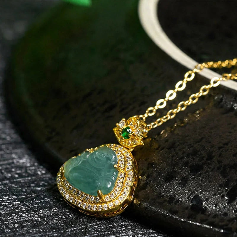 Buddha Stones Jade Laughing Buddha Prosperity Luck Necklace Pendant