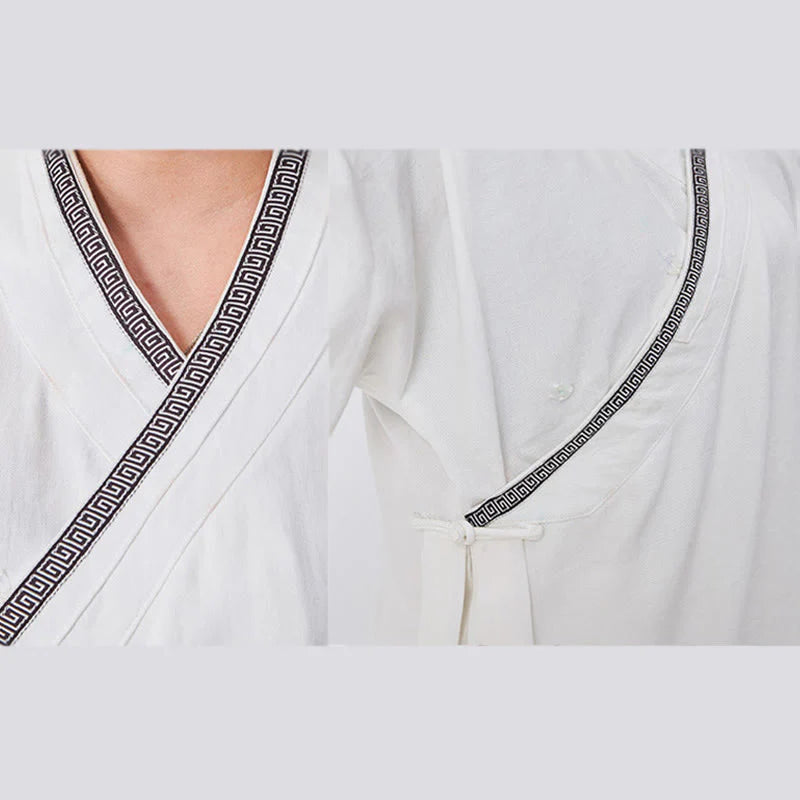 Buddha Stones 2Pcs Wudang Fall Solid Frog-Button Long Sleeve Linen Unisex Taoist Robe Kimono Pants Qigong Ceremony Suit