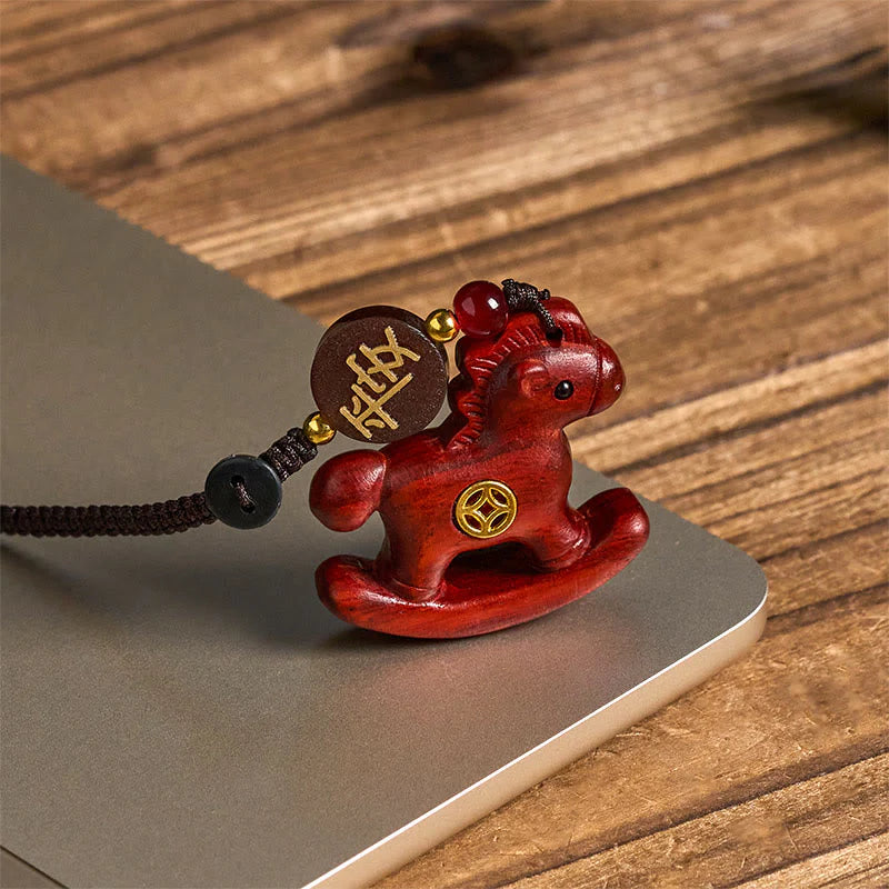 Buddha Stones Year of the Horse Rainbow Eucalyptus Small Leaf Red Sandalwood Linden Wood Ebony Carved Positive Key Chain