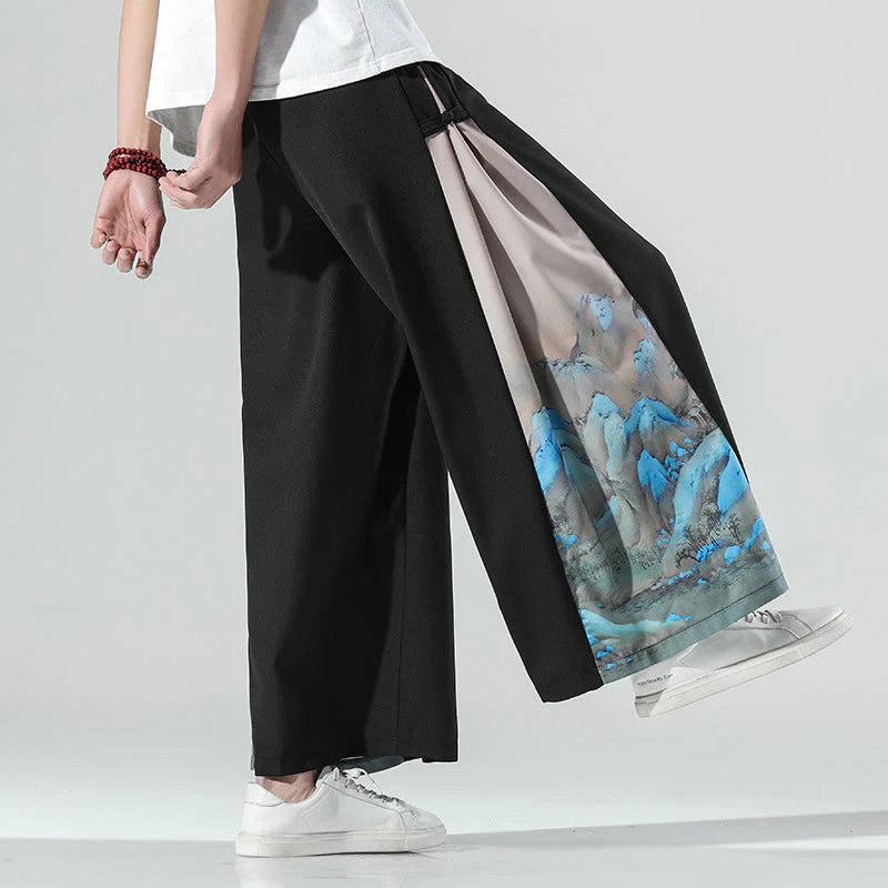 Buddha Stones Mountains Rivers Pattern Men's Wide Leg Pants With Pockets