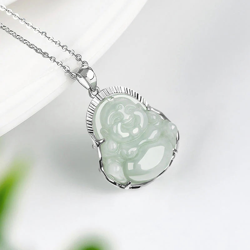Buddha Stones Laughing Buddha Jade Luck Calm Titanium Steel Chain Necklace Pendant