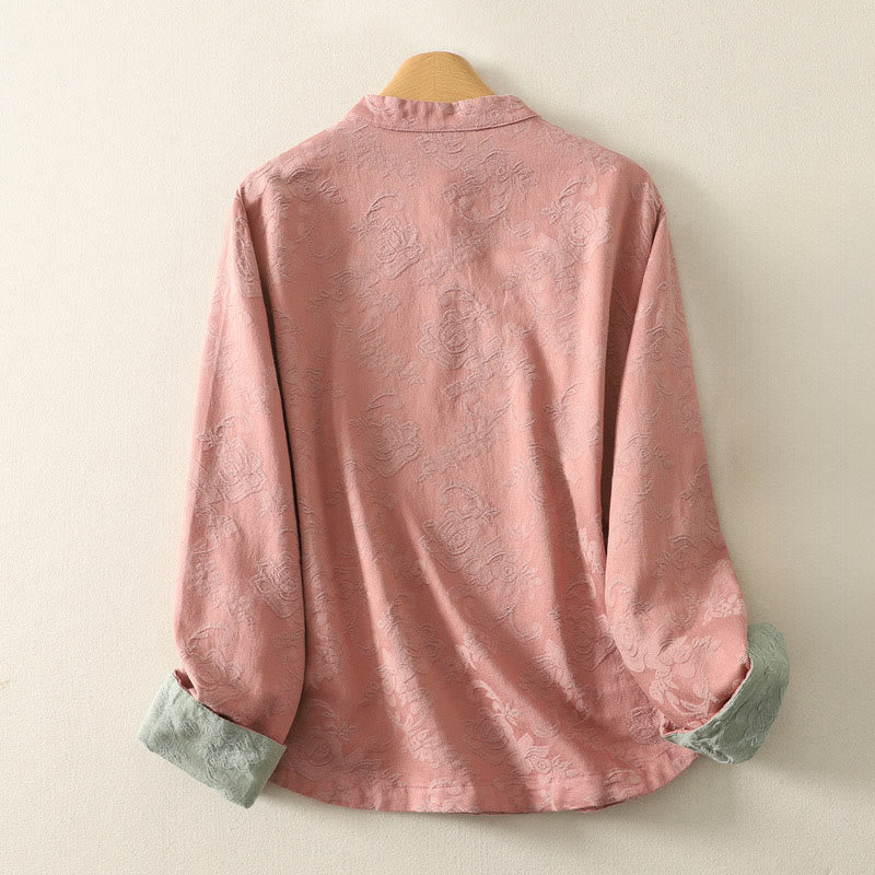 Buddha Stones Spring Plain Jacquard Design Women's Cotton Zen Long Sleeve Shirt