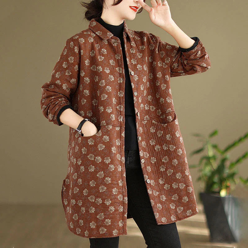 Buddha Stones Fall Winter Buttons Flower Patterns Long Sleeve Cotton Women's Jacket With Pockets