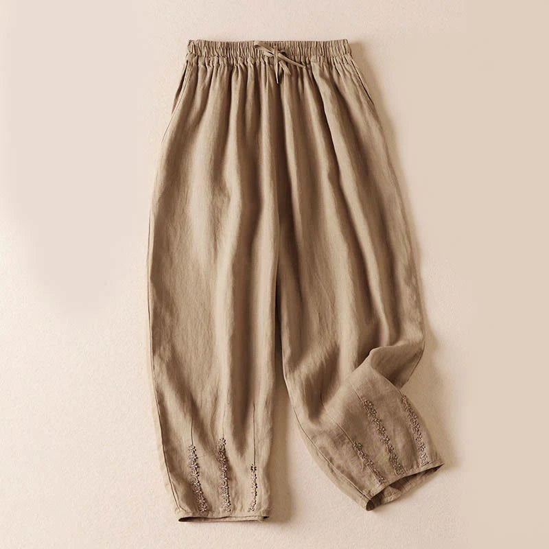 Buddha Stones Summer Small Flower Embroidery  Harem Pants With Pockets