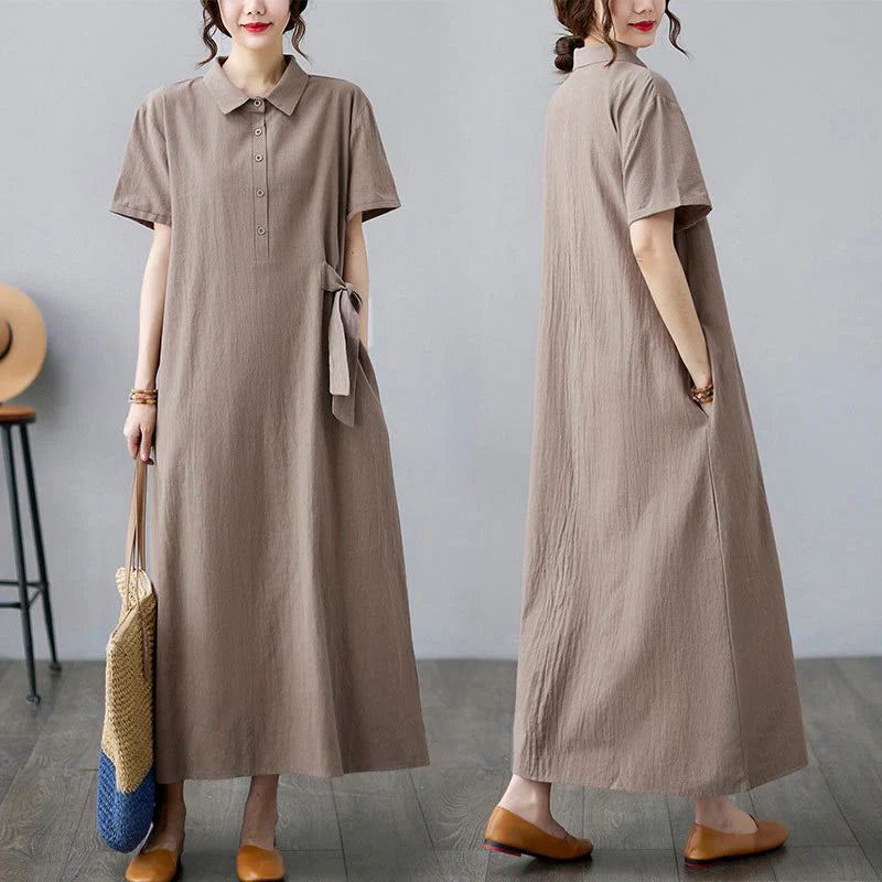 Buddha Stones Casual Plain Side Lace-Up Lapel Short Sleeve Cotton Linen Midi Dress With Pockets