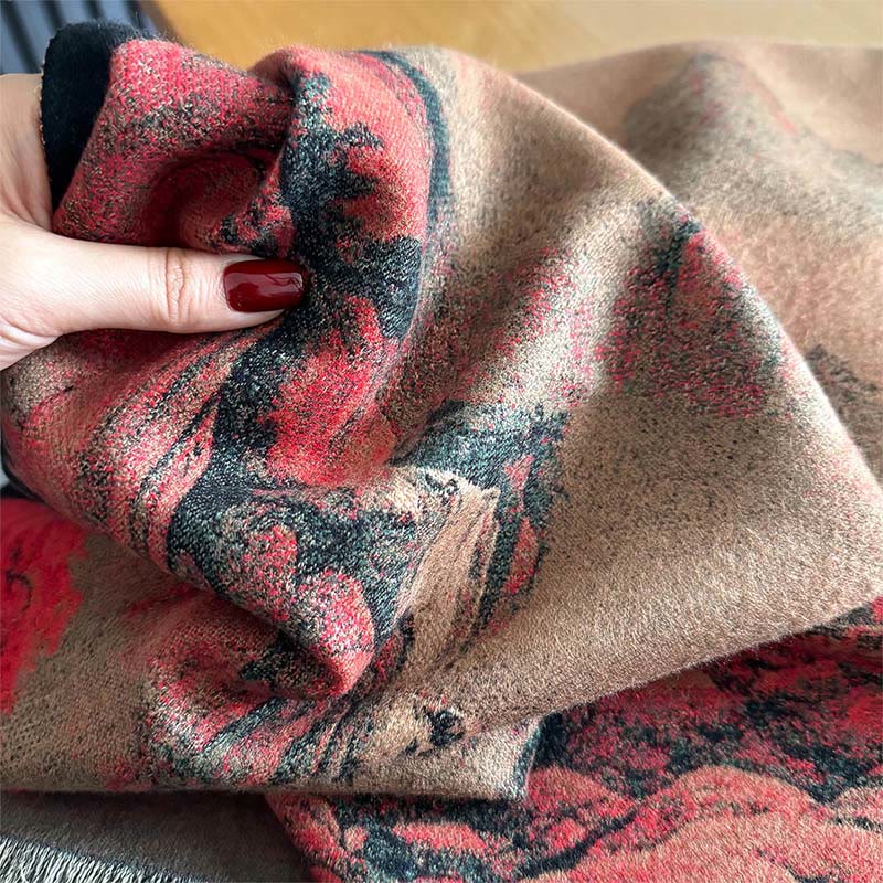 Buddha Stones Winter Landscape Painting Pattern Tassels Cozy Thick Scarf Shawl