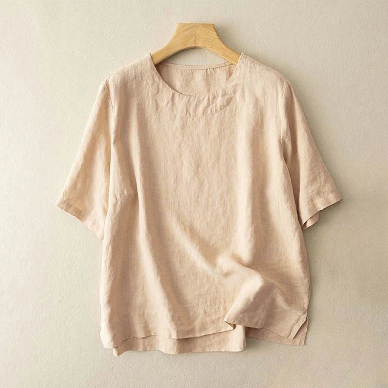 Buddha Stones Simple Plain Short Sleeve Crew Neck Side Slit Cotton Women's T-Shirt
