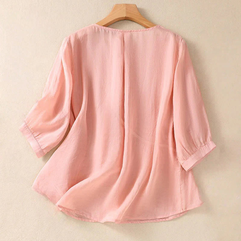 Buddha Stones Embroidered Flower Crew Neck Design Women's Cotton Linen Half Sleeve Shirt