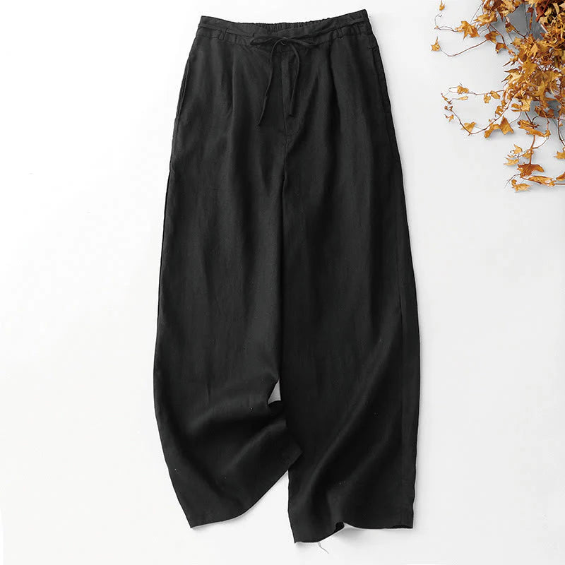 Buddha Stones Summer Plain Color Ankle-Length Drawstring Cotton Linen Women's Wide Leg Pants With Pockets Zipper