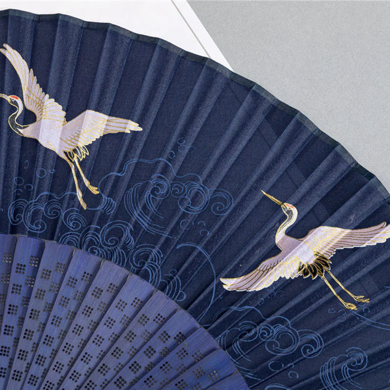 Buddha Stones Crane Dragonfly Lotus Peony Plum Blossom Butterfly Handheld Silk Bamboo Folding Fan 22.5cm