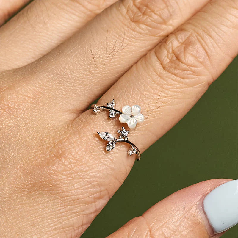 Buddha Stones 925 Sterling Silver White Flower Design Adjustable Blessing Ring
