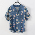 Buddha Stones Cotton Crane Floral Print Men's Short Sleeve Half Button Shirt
